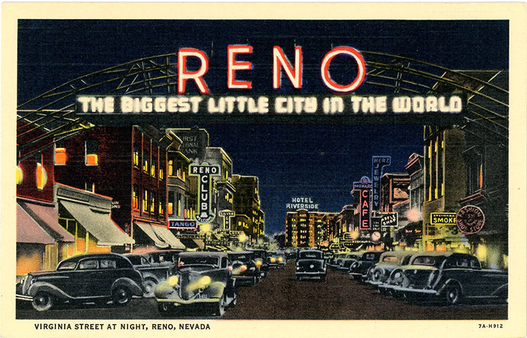 Reno Nevada Virginia Street Biggest City in World at Night Casinos Vintage Postcard (unused) - Vintage Postcard Boutique