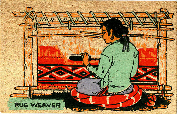 Vintage Yucca Wood Native American Postcard – Navajo Rug Weaver – 1940s (unused)
