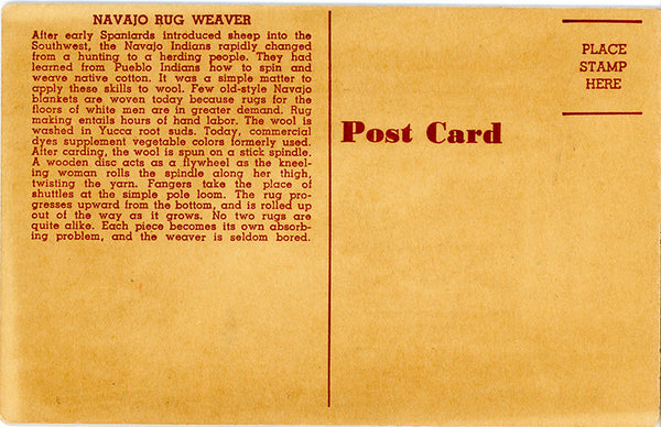 Vintage Yucca Wood Native American Postcard – Navajo Rug Weaver – 1940s (unused) - Vintage Postcard Boutique