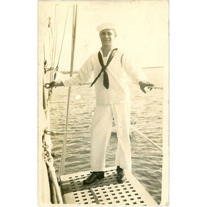 Navy Sailor Portrait on Boat in Service Dress Whites Vintage RPPC Postcard - Vintage Postcard Boutique