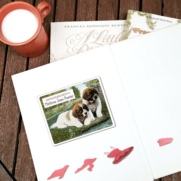 St. Bernard Puppies Vintage Personalized Bookplates - DOG LOVER GIFT - Vintage Postcard Boutique