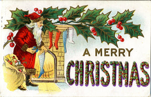 Santa Claus Merry Christmas Vintage Postcard - Gold Embossed Holly 1908 - Vintage Postcard Boutique