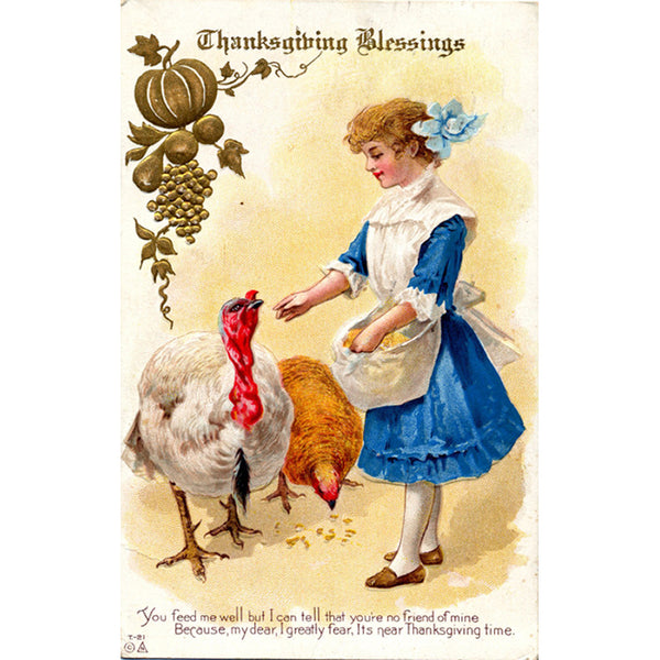 Thanksgiving Girl & Two Turkeys Vintage Postcard - Nash Gold Embossed Pumpkin 1914 - Vintage Postcard Boutique