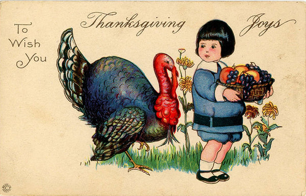 Thanksgiving Joys Turkey & Little Boy Vintage Postcard circa 1910 - Vintage Postcard Boutique