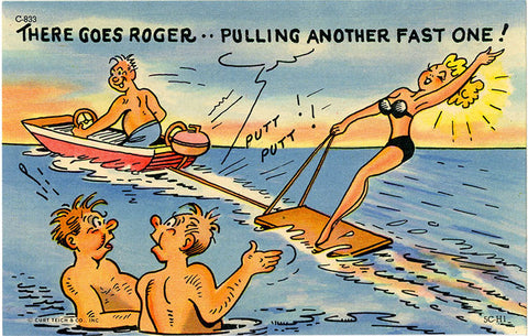 There Goes Roger – Water Skiing Bathing Beauty Vintage Comic Postcard (unused) - Vintage Postcard Boutique