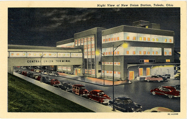 Toledo Ohio Union Station at Night Vintage Postcard 1952 - Vintage Postcard Boutique