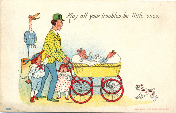 May All Your Troubles Be Little Ones - Stork Baby Buggy Vintage Comic Postcard 1900s - Vintage Postcard Boutique