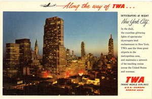 New York City Skyscrapers at Night TWA Airlines Vintage Postcard (unused)