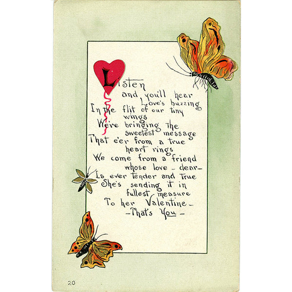 Butterfly & Dragonfly Valentine's Day Vintage Postcard  F. A. OWEN (unused)