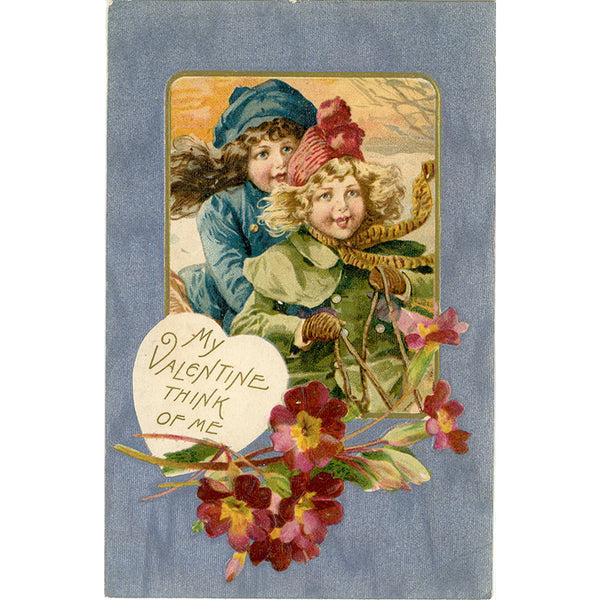 Girls Sledding Silver Embossed Vintage Valentine's Day Postcard - Vintage Postcard Boutique