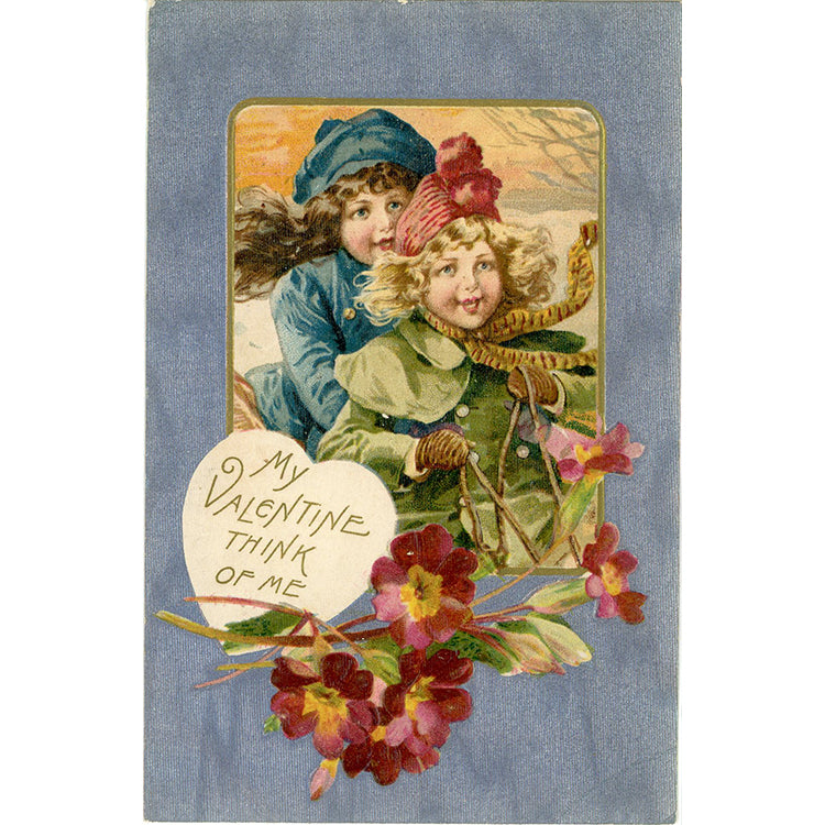 Girls Sledding Silver Embossed Vintage Valentine's Day Postcard
