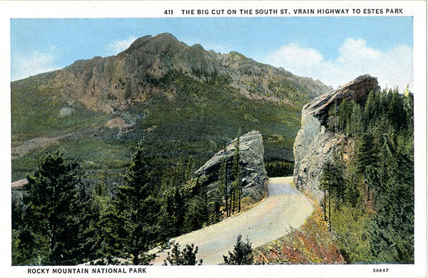 St. Vrain Highway Big Cut Rocky Mountain National Park Vintage Colorado Postcard (unused)