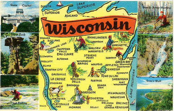 Wisconsin State Map Vintage Postcard (unused)